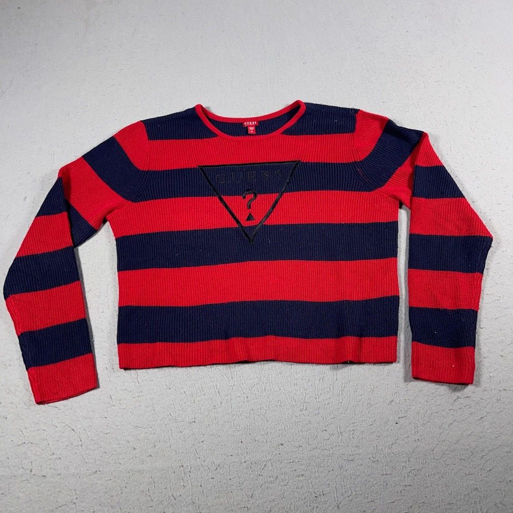 Vintage Guess Sweater Women Medium Striped Red Navy Logo Casual 90s Y2K‎